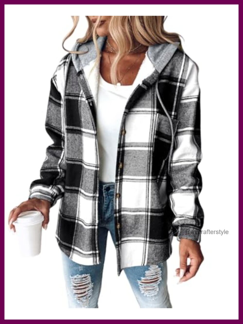 CHICME Plaid Hooded Fleece Lined Shacket Button-Down Casual Jacket